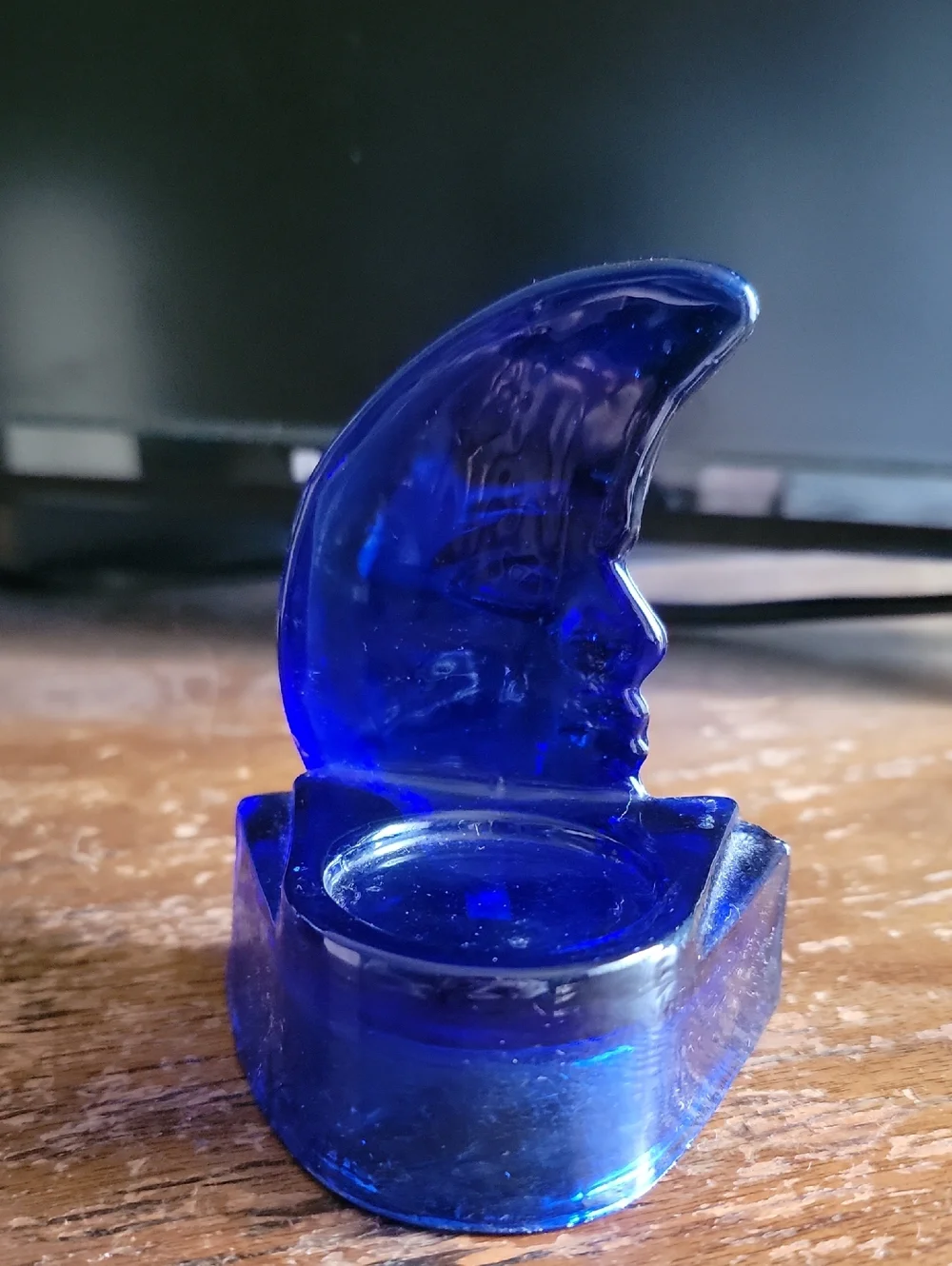 Cobalt Blue Glass Crescent Moon Figurine Candle Holder - Picture 3 of 5